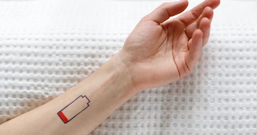 Ein leerer Akku auf einem Unterarm gemalt